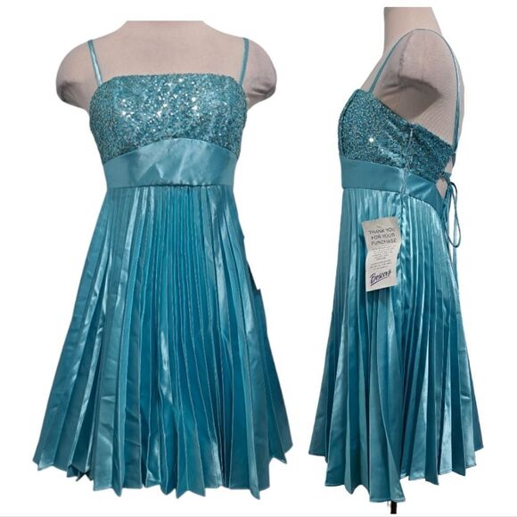 Vintage Jessica McClintock For Gunne Sax Pleated Sequins Cocktail Turquoise  S 7 - Picture 4 of 13